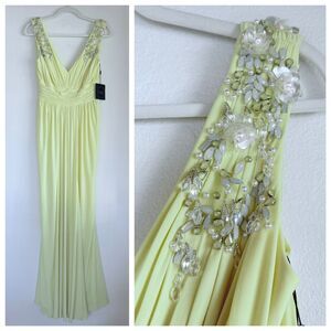 NWT RARE Ieena for Mac Duggal Yellow V-Neck Embellished Shoulder Gown Size 2